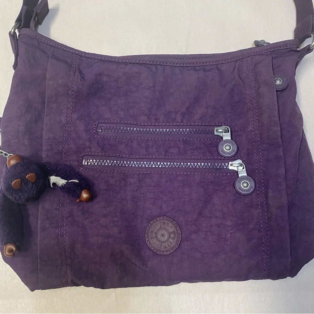 Kipling Belammie Hobo Crossbody Bag Purse Purple Gorilla Keychain